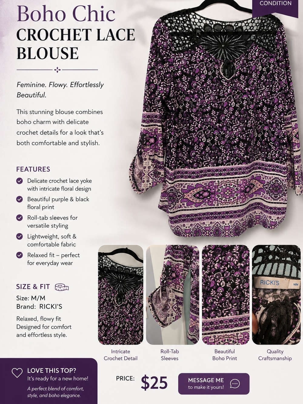 Ricki's Boho Chic Crochet Lace Blouse - Purple & Black